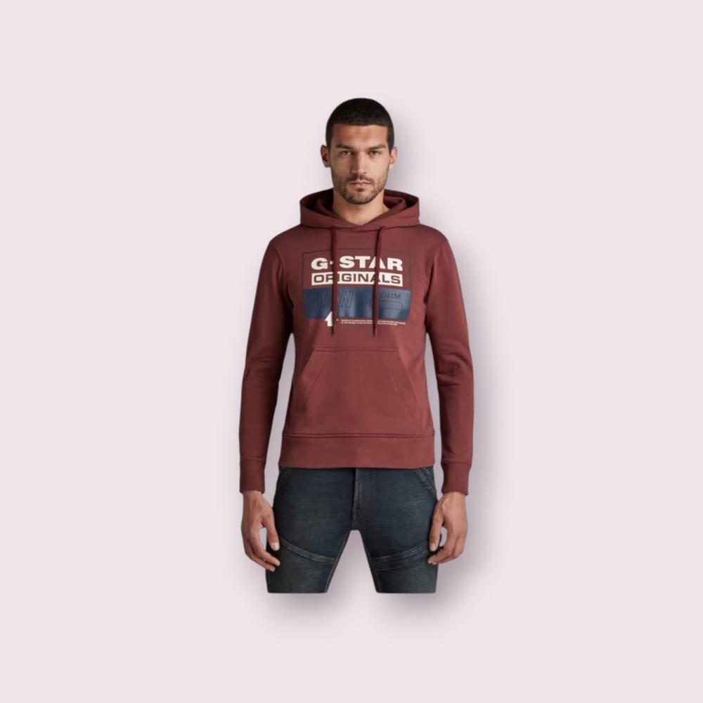 G-Star Raw Red Blue Originals Cotton Fleece Logo LS Hoodie Sweatshirt Large